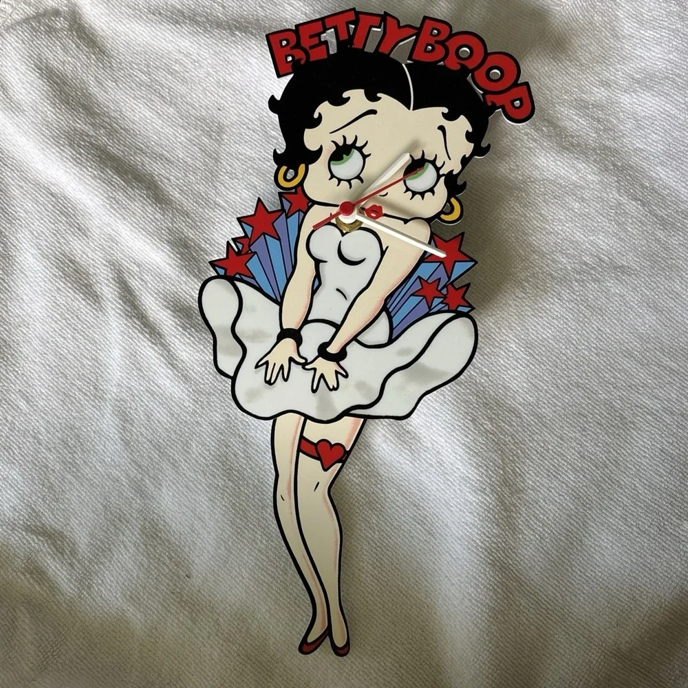 Vintage Betty Boop Clock Pendulum Moving Legs Red and Blue Stars, White Dress